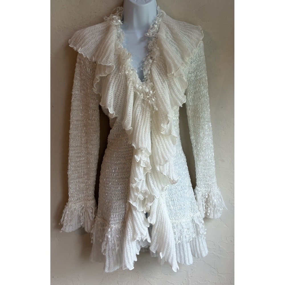 Y2K Sioni Ruffle Cardigan Sweater S White Fairy Cottagecore Ethereal Bell Sleeve